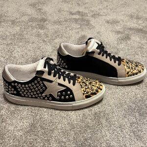 Steve Madden Black, Tan & Leopard Studded Low-Top Sneakers